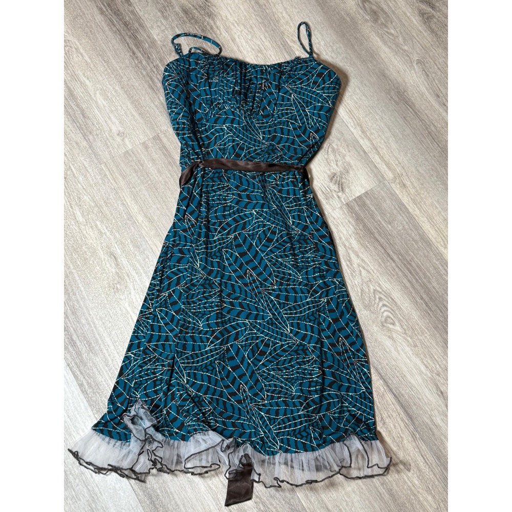 Alyn Paige New York Teal Dress Brown Belt Ruffle Hem Party Medium Y2K‎